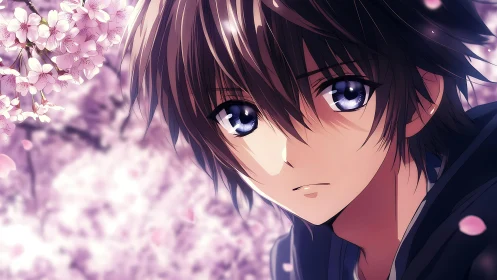 Melancholic anime boy under soft pink cherry blossoms.