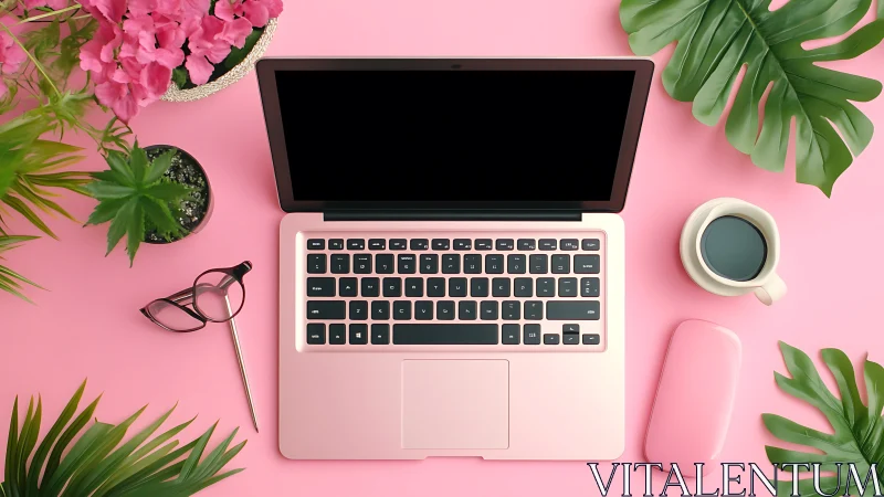 Chromatic workstation topology with rose-gold laptop focus.