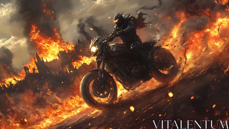 Lone rider blazing through a storm of fire and embers.