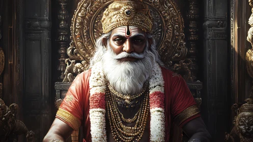 Regal elder sage enthroned in ornate golden temple interior.