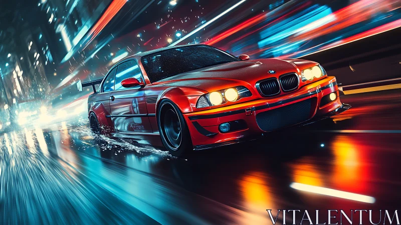 Red sports coupe racing through wet neon city streets.