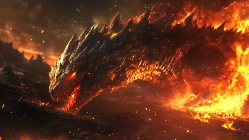 Molten dragon serpent carves a blazing path through night