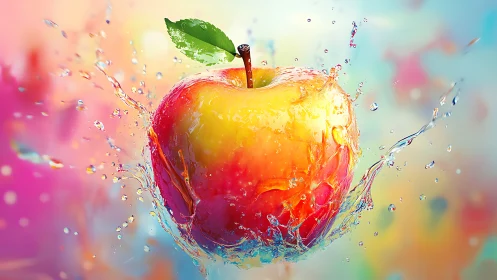 Vibrant red yellow apple splashes through crystal water