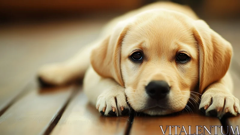 Golden labrador puppy rests on wooden floor, gazing softly.