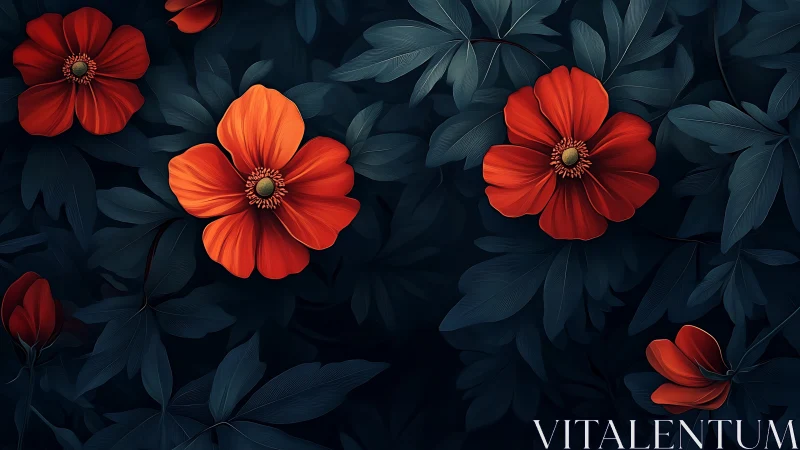 Vibrant Red Flowers Blooming Against Dark Teal Foliage