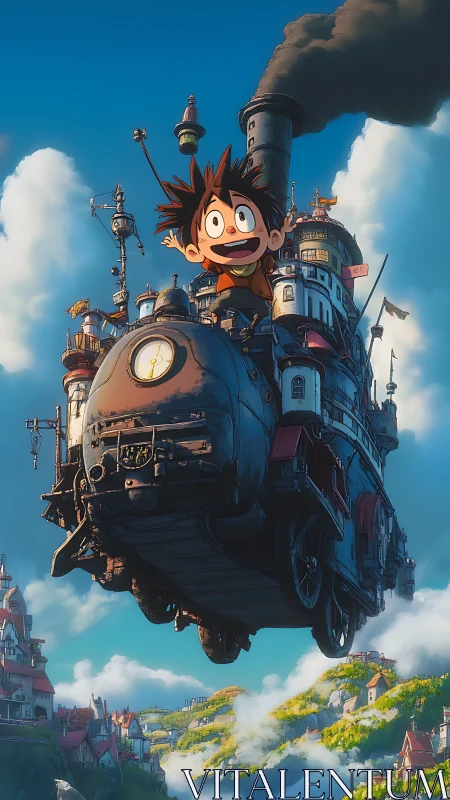 Wide-eyed sky kid aboard clanking flying house-engine dream.