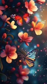 Glowing butterflies drift through neon blossoms at twilight