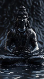 Black metal buddha statue sits in meditative lotus pose