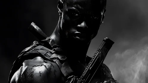 High contrast tactical portrait isolates armed soldier in smoke