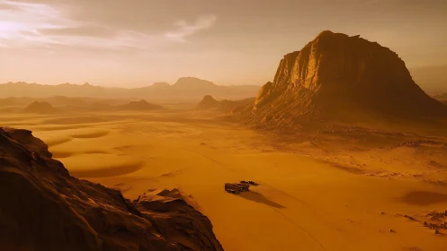 Golden desert cliffs rise above a lone sunlit outpost