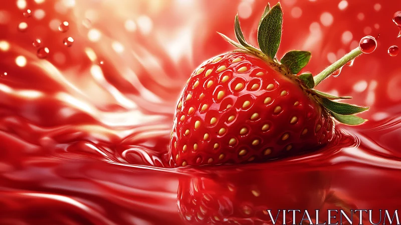 Ripe strawberry floats in glossy red liquid splash scene.
