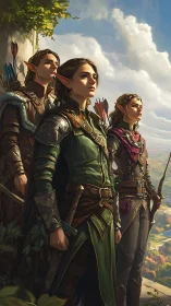 Elven ranger trio surveying sunlit valley in heroic stance.