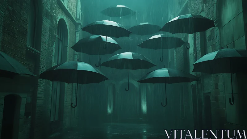 Midnight umbrellas drifting through a rainlit alleyway.