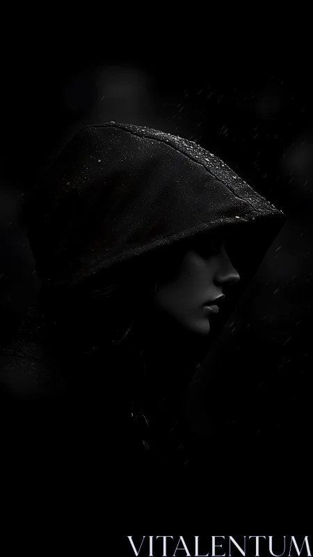 Shadowed hooded figure in rain with dramatic side profile.