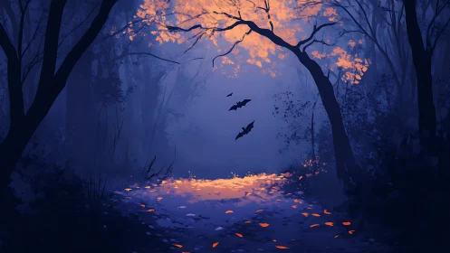 Mystical Forest Night with Glowing Leaves and Flying Bats