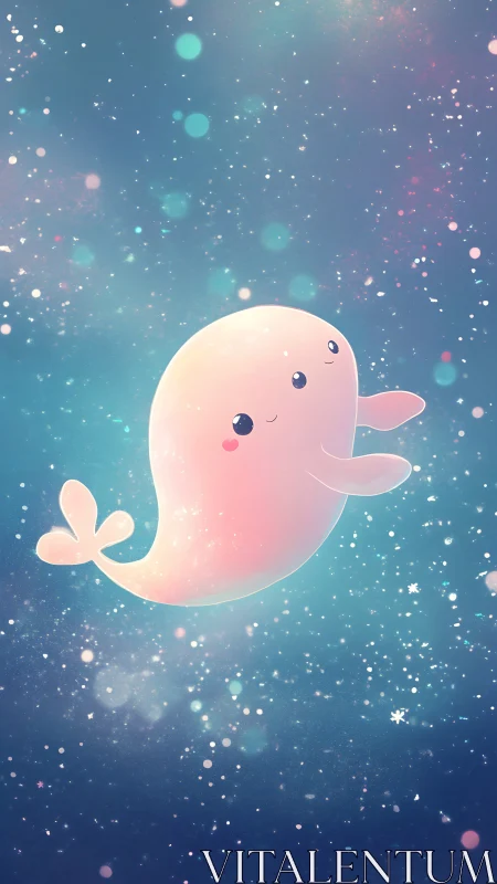 Cute pastel whale floats through glowing cosmic water