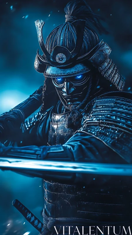 Cybernetic samurai warrior with luminous eyes in dynamic sword stance