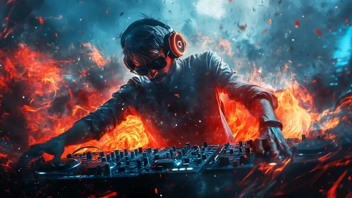 Fiery DJ mixes glowing beats in a storm of color and sound
