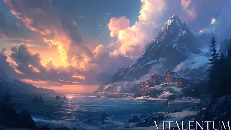 Sunlit fjord village anchors beneath towering alpine peak