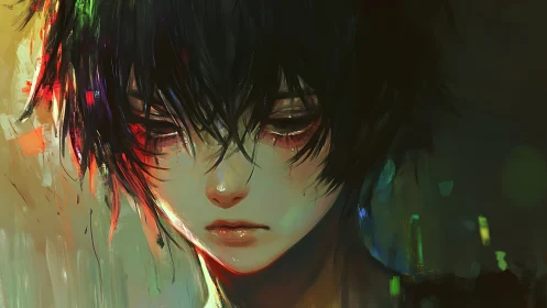 Chromatic melancholia portrait with diffuse digital brushwork.