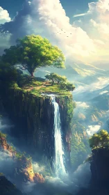 Fantasy cliff waterfall under radiant sky with lone tree.