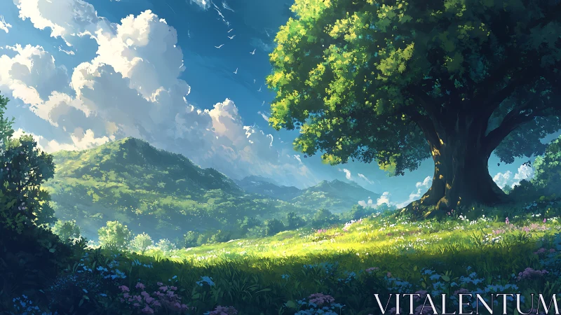 Sunlit hillside meadow under volumetric clouds and canopy.