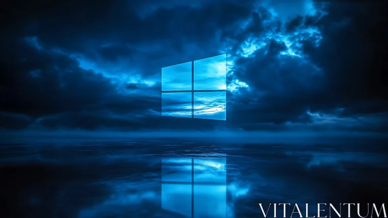 Backlit window symbol floats over reflective oceanic horizon