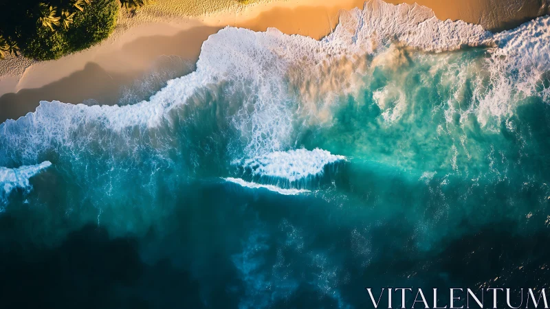 Aerial emerald surf collides with golden tropical shoreline.