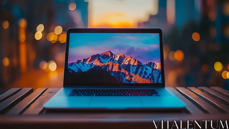 Open laptop displays vivid mountain wallpaper at dusk