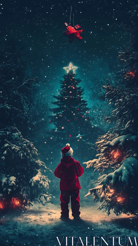 Snowy forest pauses while a child greets a flying toy sleigh