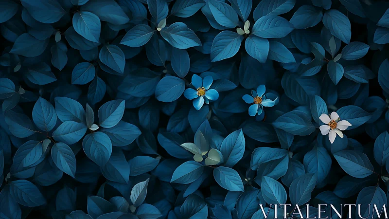 Blue foliage with scattered small flowers and golden centers.