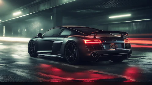 Sleek sports car glows on wet neon-lit night highway