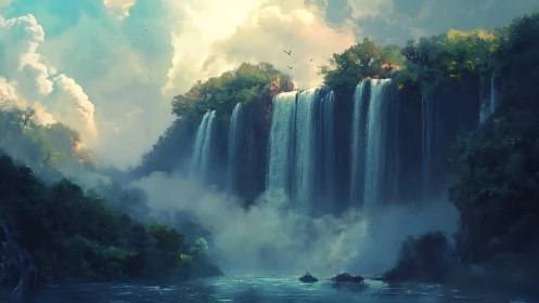 Dense rainforest cliffs with wide multi tier waterfall view.