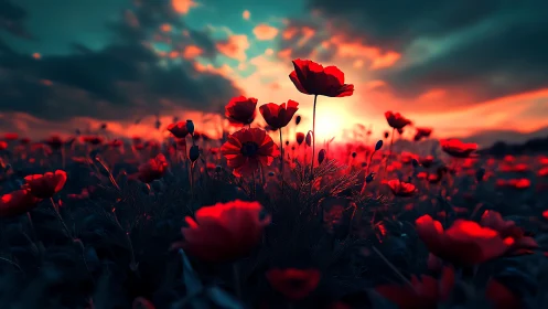Vibrant Red Poppies Dancing in Golden Sunset Light.