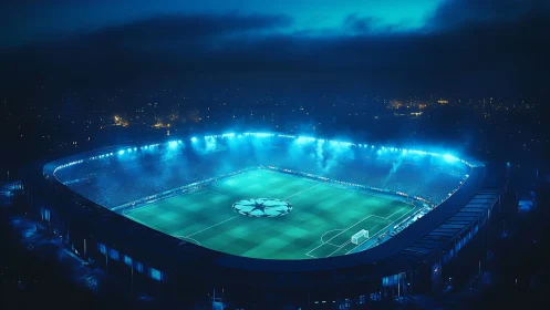 Nighttime football stadium glows under cinematic blue floodlights