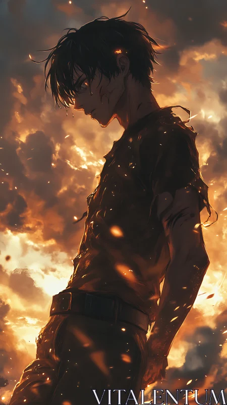 Silhouetted male figure stands amid backlit cloud and ember field