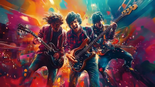 Rock trio explodes across stage amid neon color storm