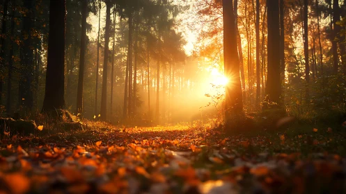 Golden sunrise illuminates autumn forest canopy