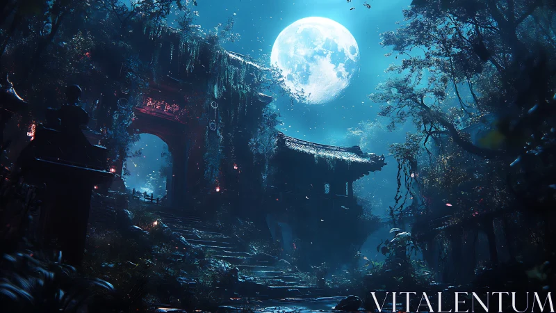 Lunar-illuminated temple ruins with volumetric forest lighting.