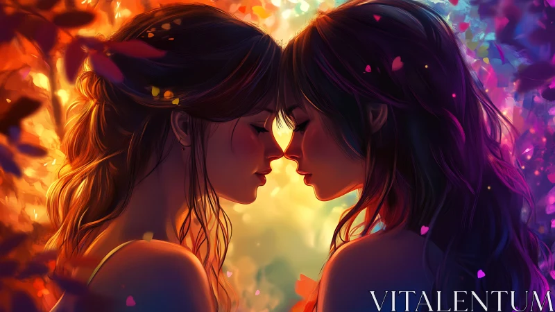 Two figures in intimate profile with luminescent auras and volumetric lighting