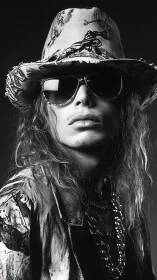 Monochrome rock drifter in patterned hat and midnight shades.