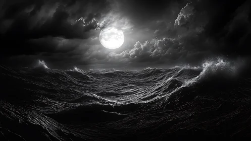 Moonlit storm waves churn under brooding nocturnal clouds.
