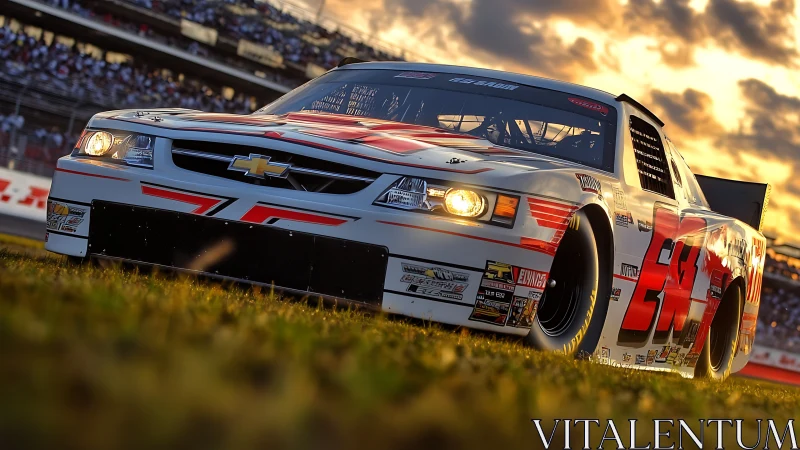 Stock car race vehicle moves along track at low angle view