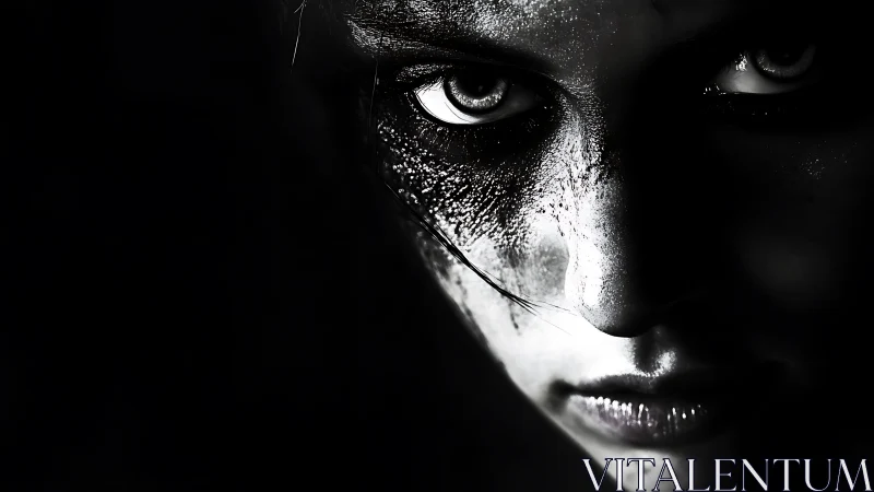 High-contrast monochrome portrait with textured ocular focus.