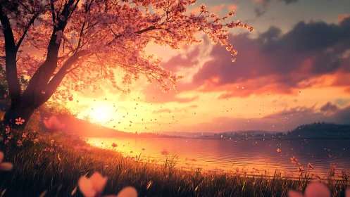Sunlit cherry blossom shoreline captures atmospheric dusk glow