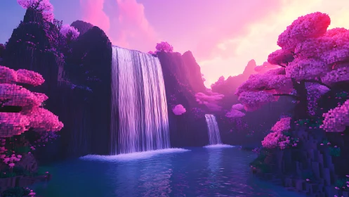 Voxel waterfall valley with pink trees at sunset.