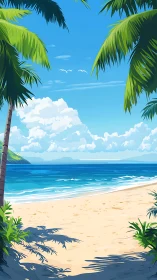 Tropical Beach Scene with Palm Trees, Ocean, and Cloudy Sky