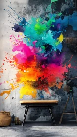 Vibrant paint explosion energizes a modern minimalist room wall