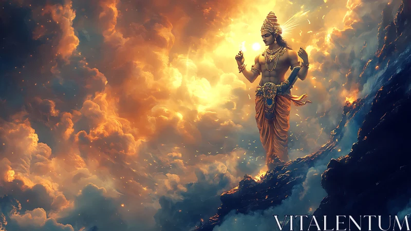 Solar-clad deity walks the molten clouds between worlds.