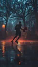 Silhouette basketball player dribbles on wet court at night.